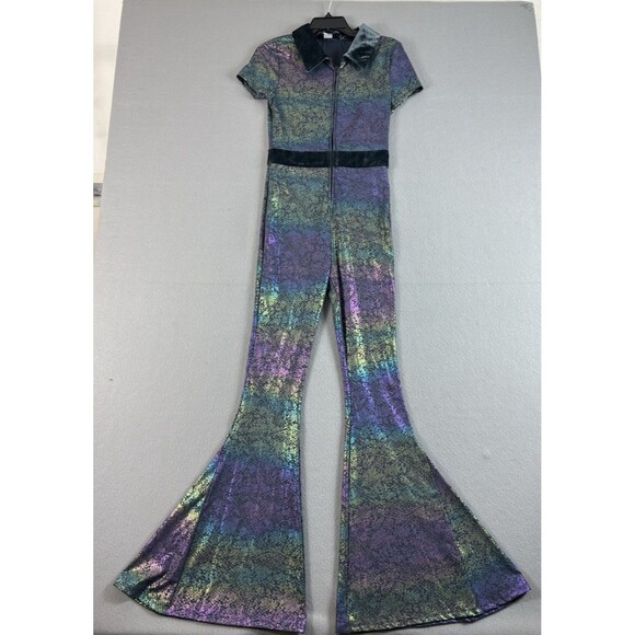 Spirithoods Pants - Spirithoods Iridescent Snakeskin Flare Jumpsuit Short Sleeve Collared Medium 1pc